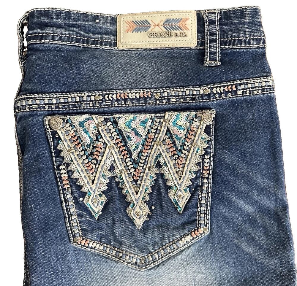 Grace In LA Plus Size P Straight Dark Wash Jeans Aztec Sequins Pockets Size 19